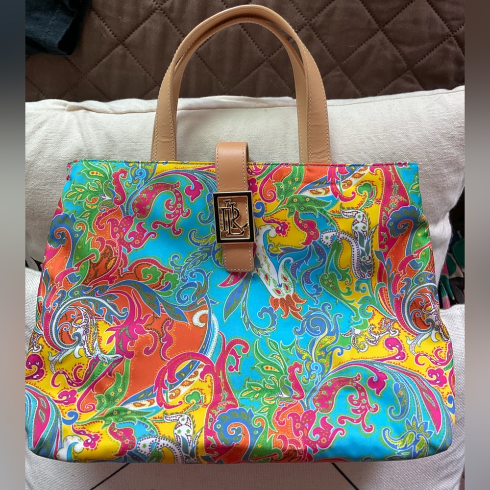 Vibrant  Ralph Lauren Multicolor Paisley Tote Bag with Tan Handles